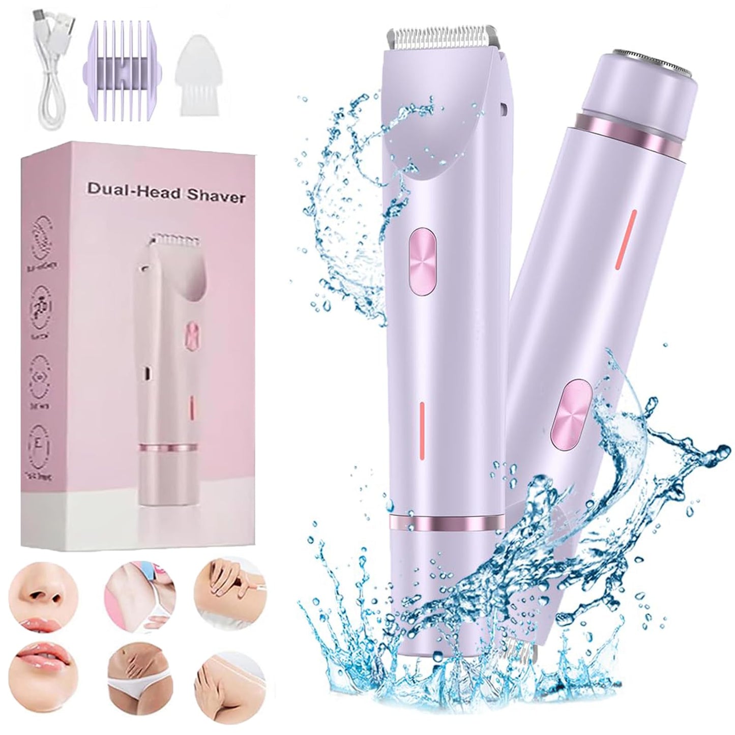 Glow Aura Womens Shaver, 2 in 1 Bikini Trimmer for Women USB Rechargeable, IPX7 Waterproof Wet & Dry Electric Razors, Painless Hair Remover for Bikini Underarm Leg Arm Body Face, Purple
