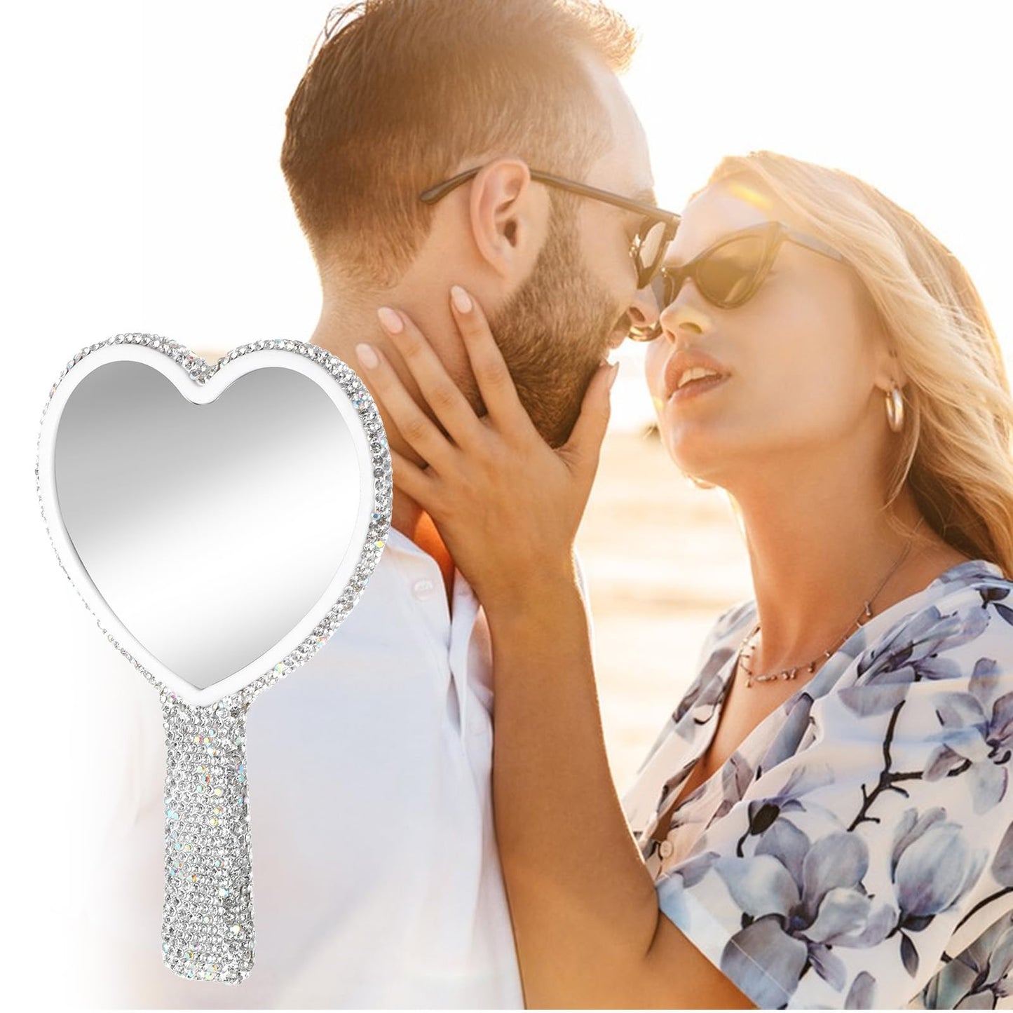 Ouligay Large Heart Handheld Mirror with Handle 6.3x4.3 Inch Glitter Rhinestone Hand Held Mirror Portable Travel Cosmetic Lash Mirror for Women Wedding Birthday Valentine's Day Gift