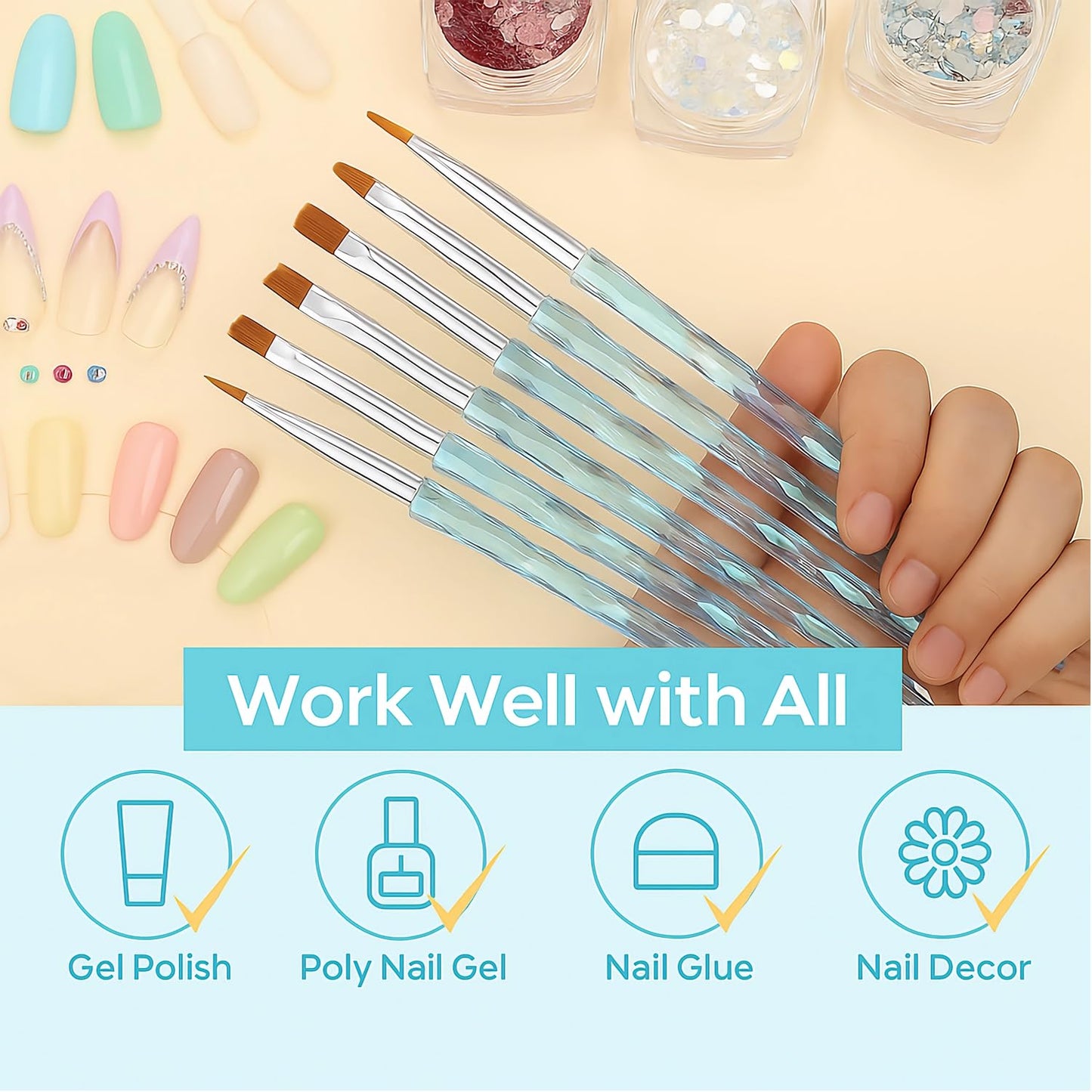 9pcs Crystal Nail Art Brush Set – Acrylic Gel Brushes for Nail Design, Liner & Flat Tips, Iridescent Handle, Professional Manicure Tool Kit for DIY or Salon Use