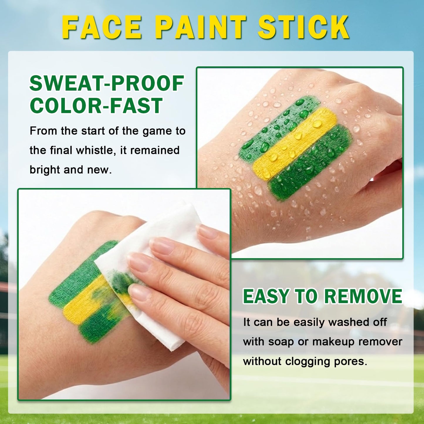 Face Body Paint Stick Player Fans Makeup Sun Glare Reduction Eye Black Paints Sticks for Game Day Baseball Football Softball Lacrosse Rugby Patriotic Accessories # Brazil Green & Yellow & Green