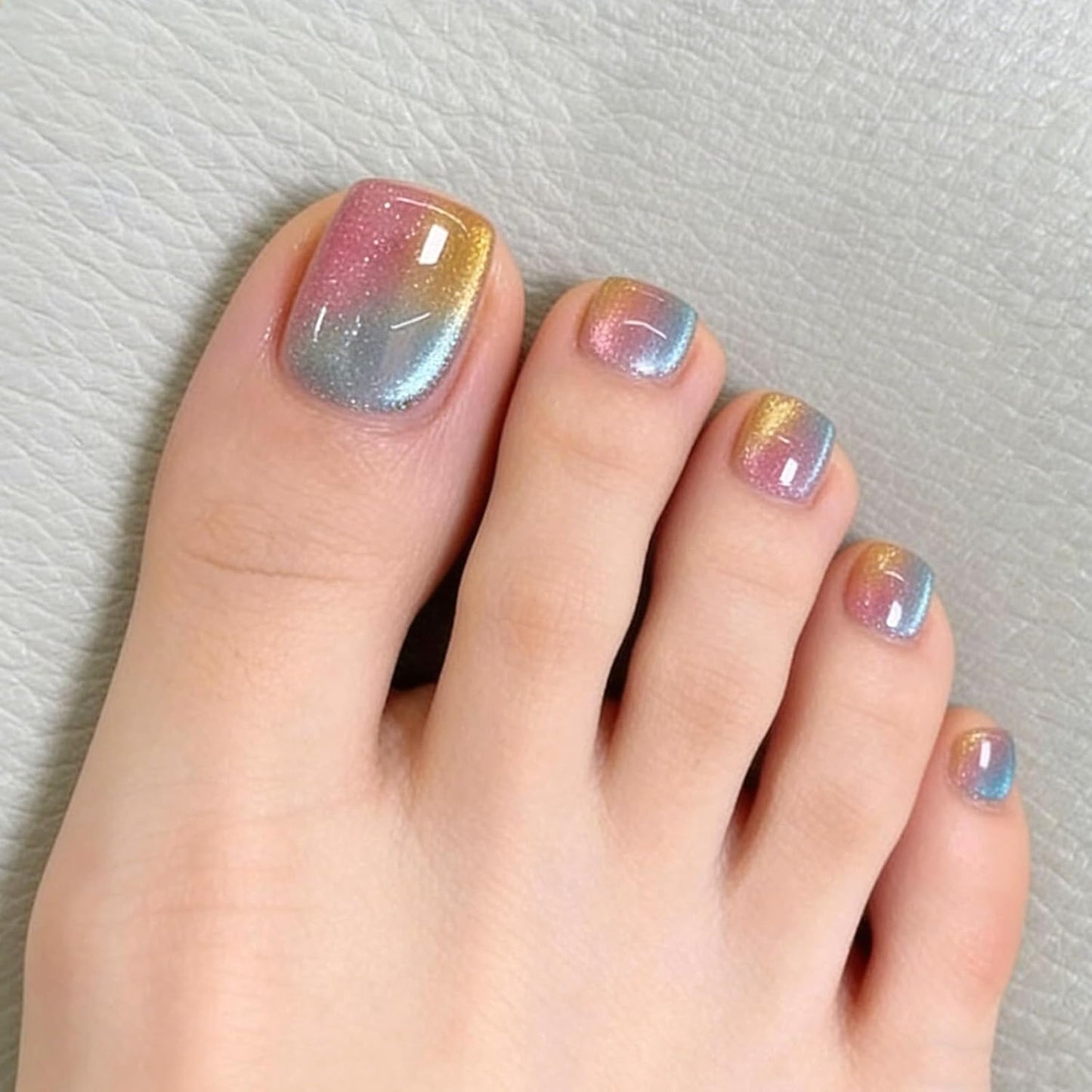 French Tip Press-On Toenails - Short Square Acrylic Nails with 3D Flower & Rhinestones | 24 Pcs Glossy Pink Set