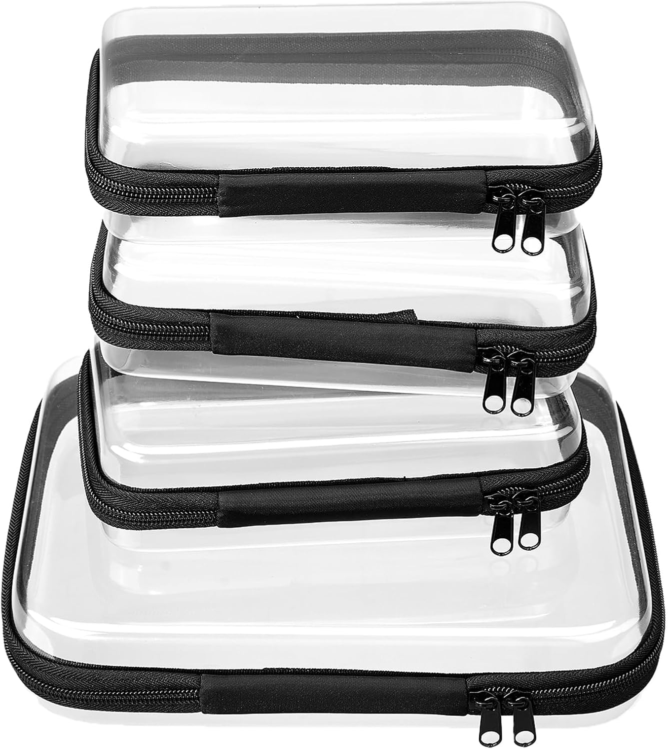 Clear Zipper Pouches - Hard Shell Toiletry Bag Set for Travel | 4 Pack, Black