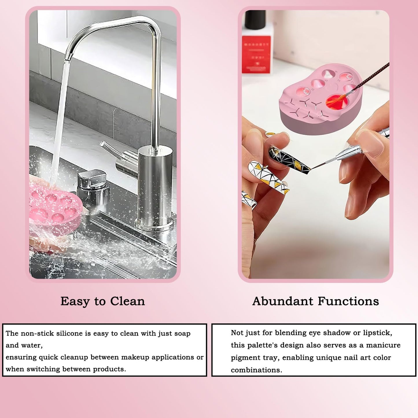 Silicone Nail Art Palette Multi-Function Polish Gel Mixing Tray Silicone Nail Stamping Plates Foundation Eyelash Painting Gels Palette for Cosmetics Brow Makeup Tool(Pink)