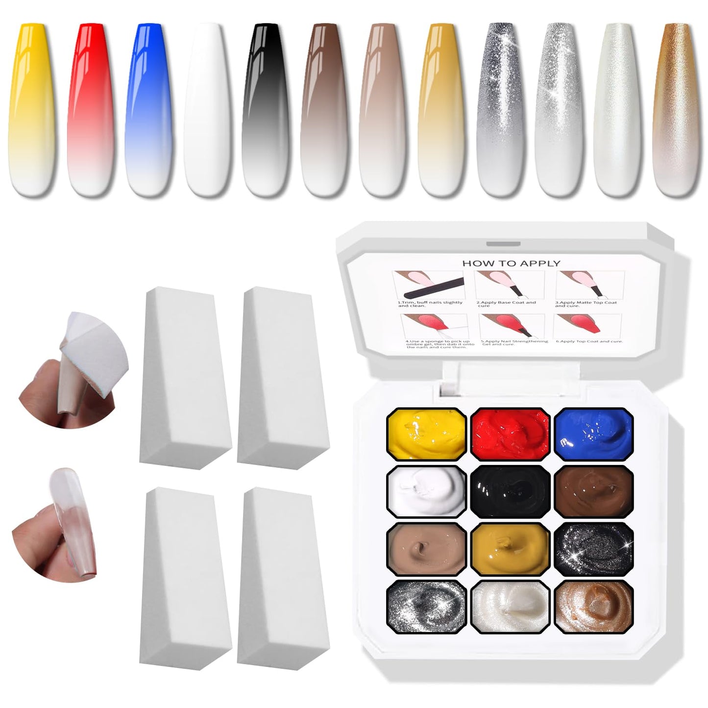 Sponge Pat Gel Nail Polish Palette - 12 Colors Ombre Gradient Art | No Wipe, UV/LED Cured