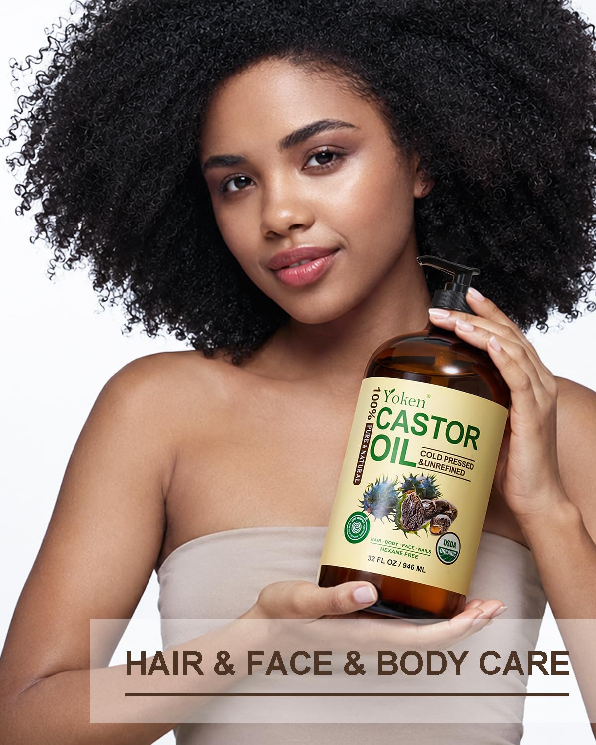 Yoken Castor Oil - 100% Pure Cold Pressed Hexane-Free Oil for Skin, Hair & Body | 32 fl oz Glass Bottle with Pump