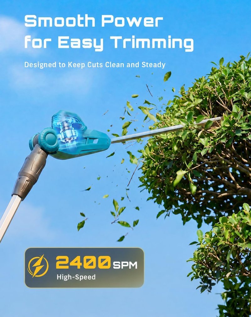 SEESII 20V Pole Hedge Trimmer Cordless, Electric Hedge Trimmer with Extension Pole, 8.5 FT Telescopic Pole with Shoulder Strap, 2 Packs 4.0Ah Batteries & Charger, Long Reach Bush Shrub Trimmer