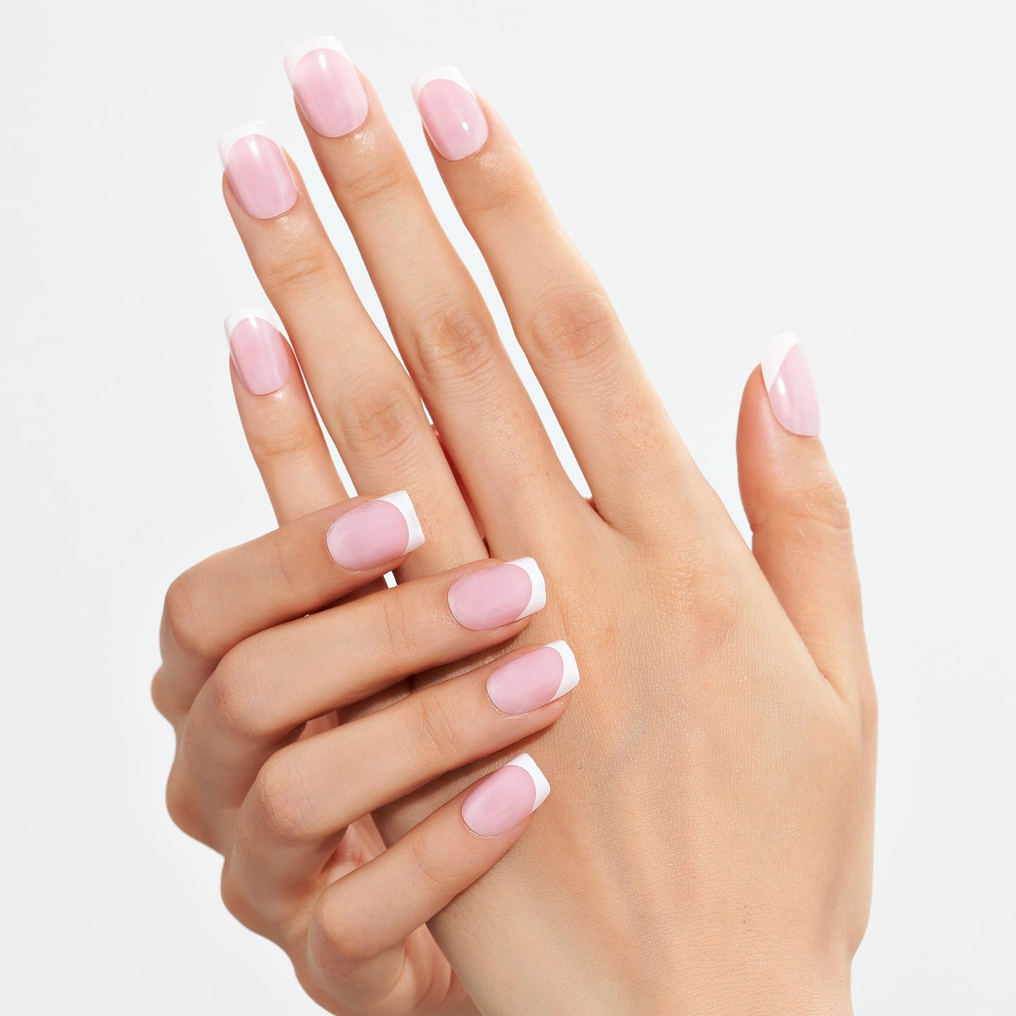 GLAMERMAID Classic French Tip Press on Nails Short, Pink Fake Nails Sqaure