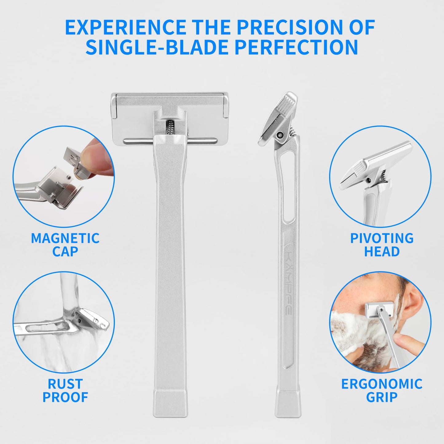 KAMPFE Safety Razor Made of 6061 Aluminum Alloy Material, GEM Single Sided Safetyshaver Shaver Handle for Men with Suction Cup Holder and Safety Razor Blades