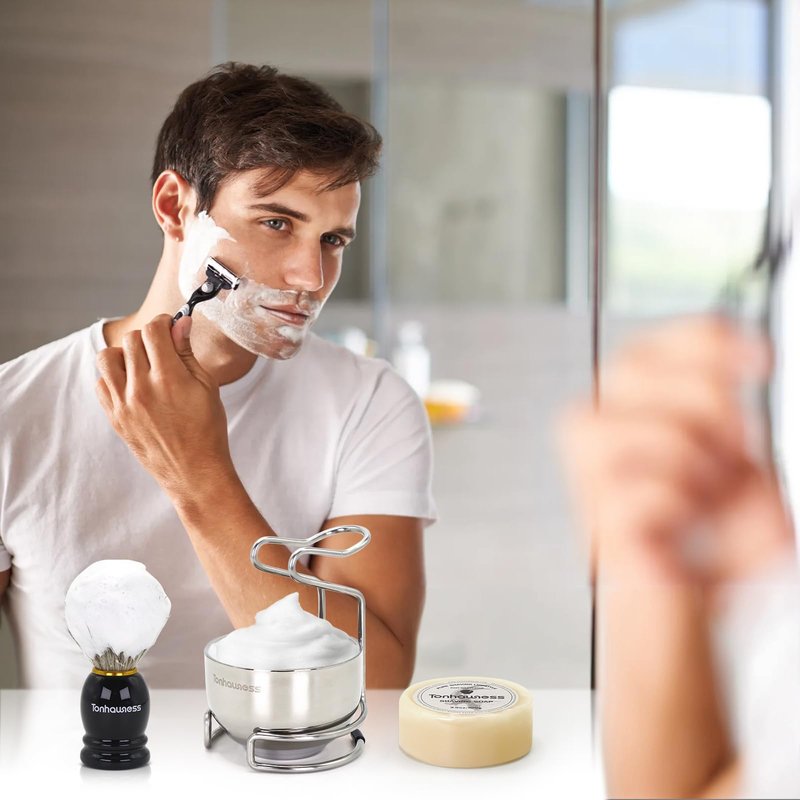 Tonhawness Shaving Brush Kit for Men, 4 in 1 Shaving Brushes Set Includes Badger Hair Shave Brush, Stainless Steel Shaving Bowl&Stand and Goat Milk Flavor Shaving Soap