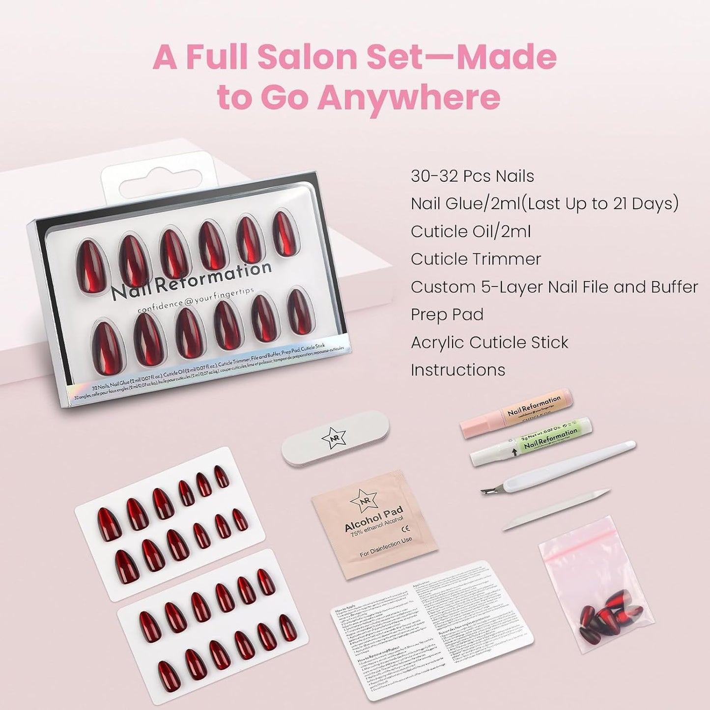 Burgundy Red Press On Nails - Short Almond Cat Eye Velvet Finish | 32 Pcs in 16 Sizes, Reusable Stick On Nails Kit for Women