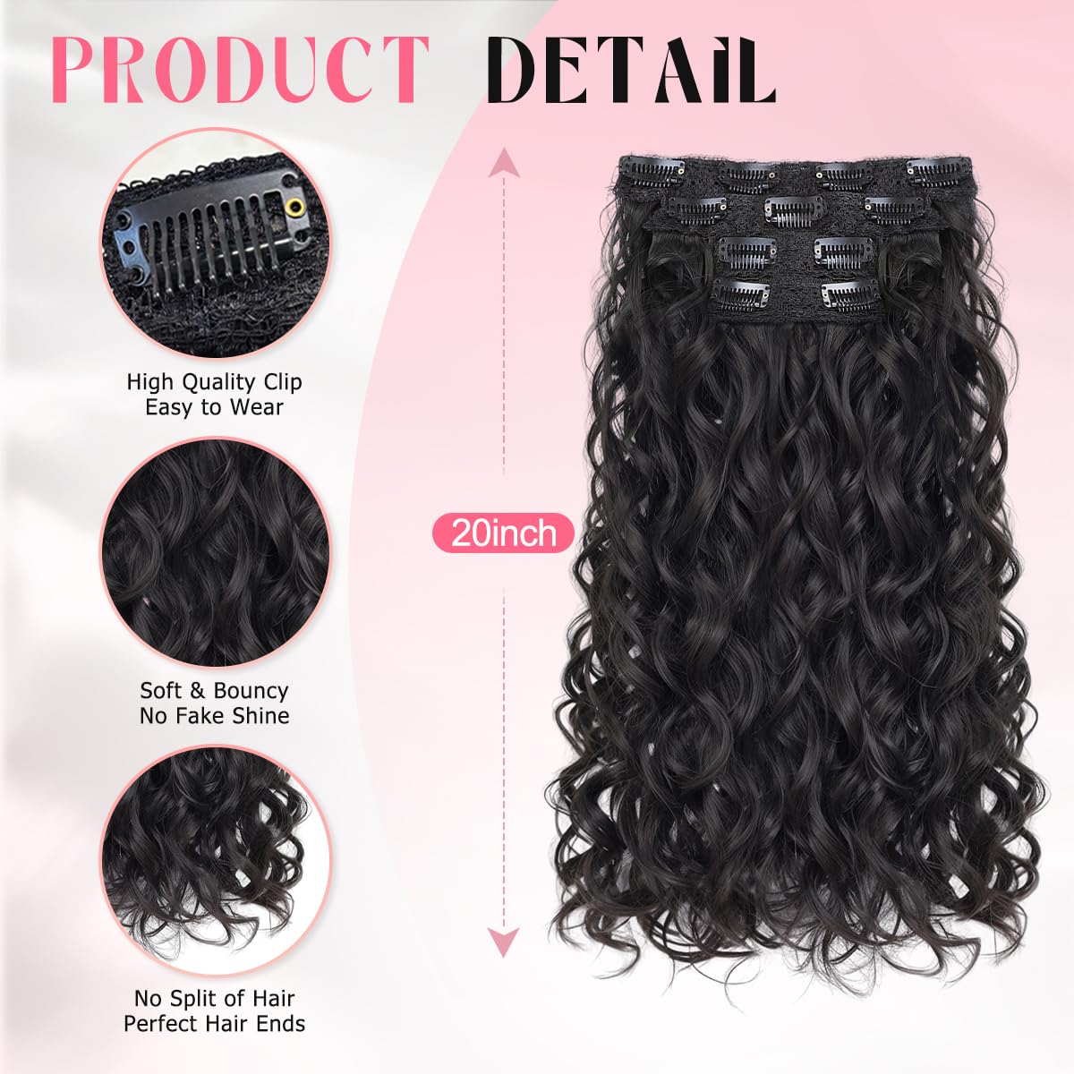 Vigorous Curly Clip In Hair Extensions,4PCS 20 inch Thick Curly Hair Extensions Lace Weft Clip Ins Invisible Natural Synthetic Hairpieces for Women,Black