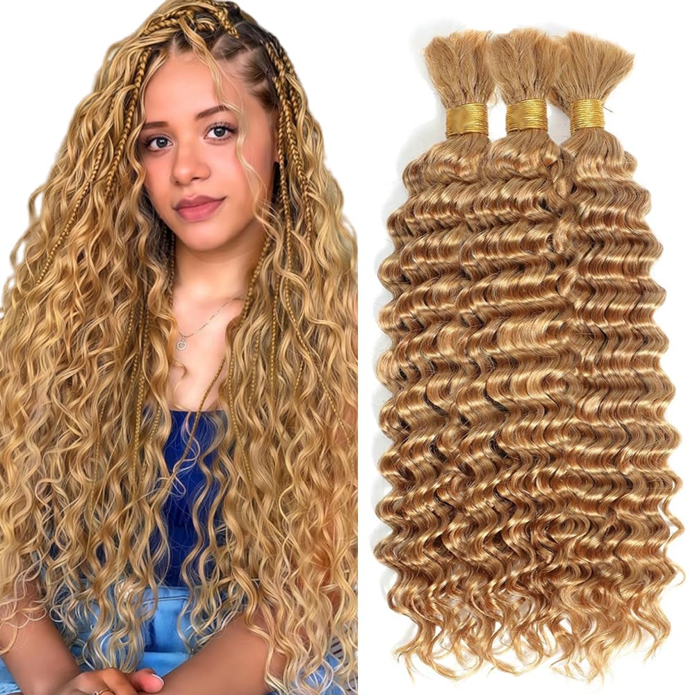 Honey Blonde Human Braiding Hair for Boho Braids 24 24 24 Inch Color 27 Deep Wave Bulk Hair No Weft #27 Blonde Curly Human Hair Extensions for Braids 3 Bundles 150g