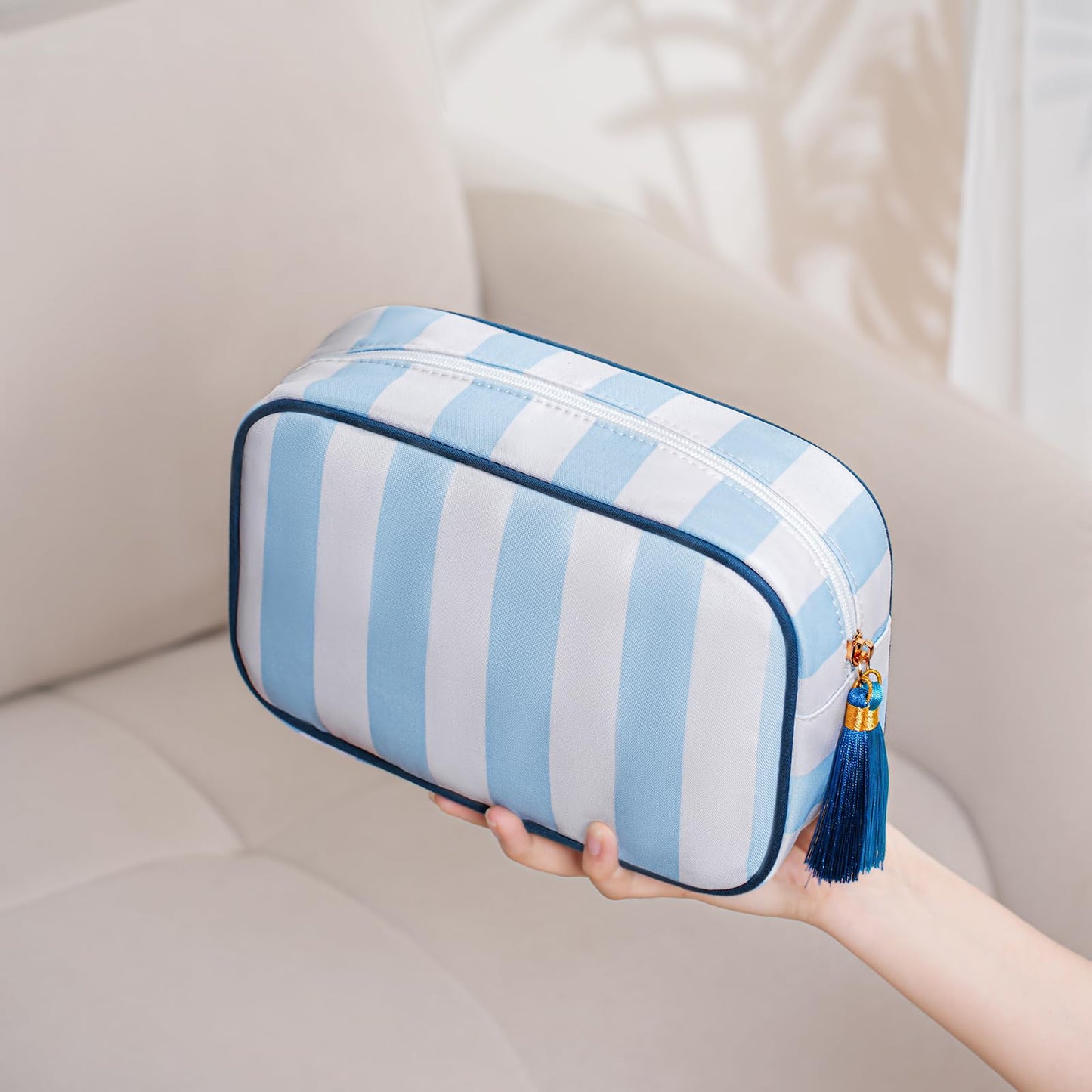 RSRSLEII Large Stripe Zipper Makeup Bag,Aesthetic Tassel Travel Cosmetic Bag,Coquette Toiletry Bag, Girls Handbags Purses,Accessories Storage Bag for Women Girls,Mahjong Tiles Bag(Blue)