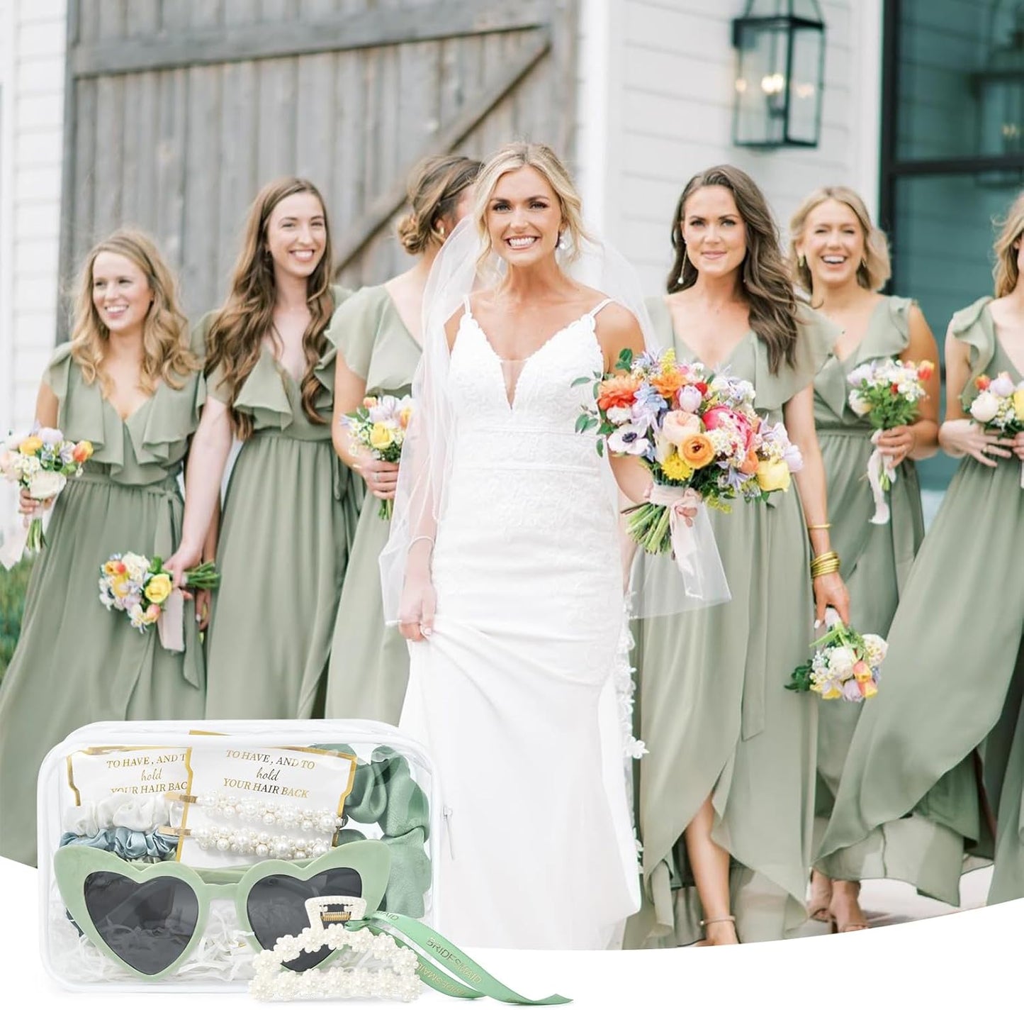Pearl Gift Set for Bridesmaid Proposal - Clear Makeup Bag, Hair Claw Clips & Scrunchies | Sage Green