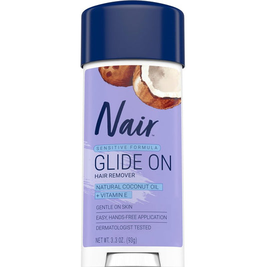Nair Sensitive Formula Glide On, Hands-Free Applicator Hair Removal Cream with Coconut Oil and Vitamin E for Body, 3.3 oz 
