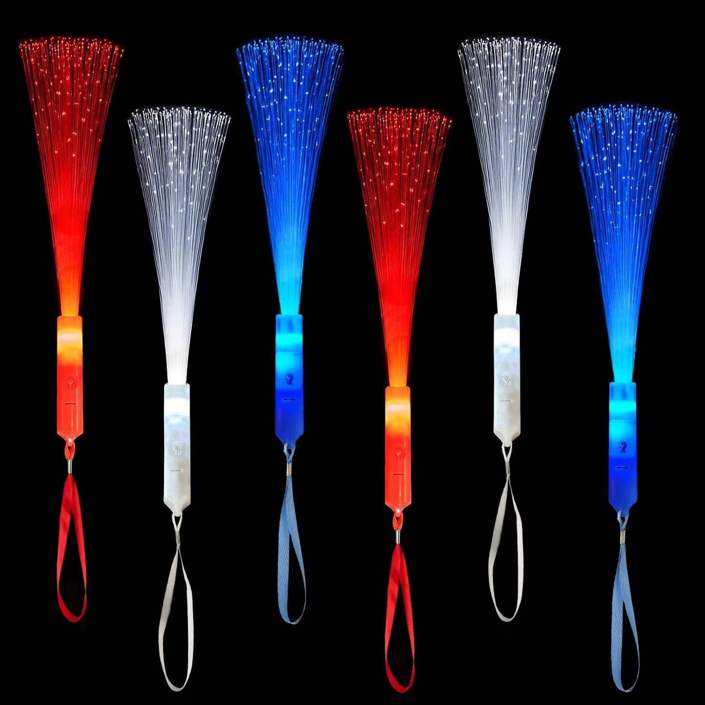Glow Sticks for 4th of July | Red, White & Blue Fiber Optic Wands - 6 Pack for Kids