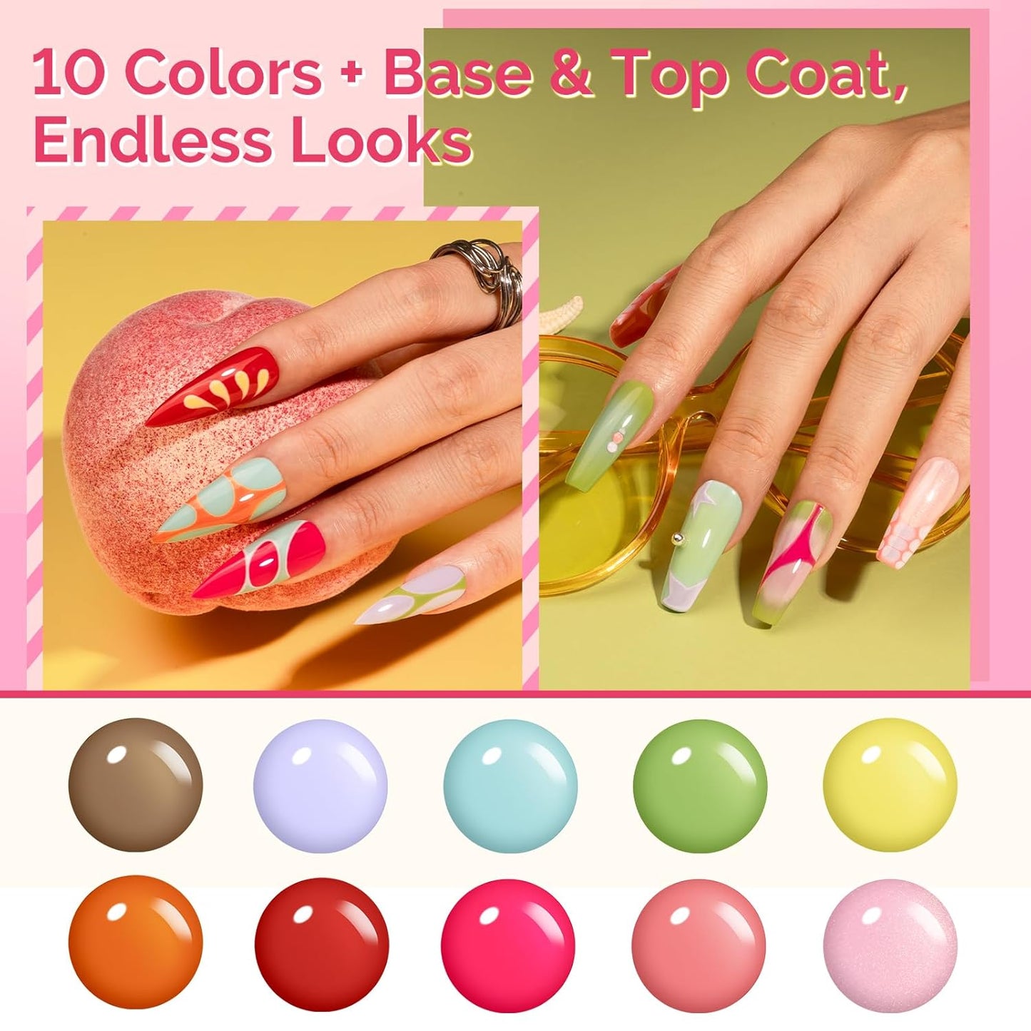 MelodySusie Gel Nail Polish Set - 10 Vibrant Colors with Base & Top Coats | HEMA-Free, 16.5ml Bottles