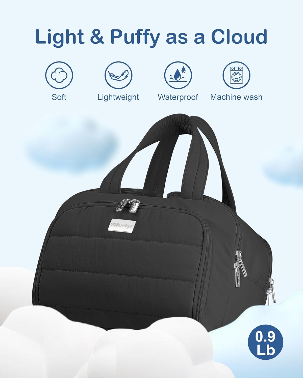 Travel Toiletry Bag for Women - Large Lightweight Puffer Makeup Organizer with Handle | Black