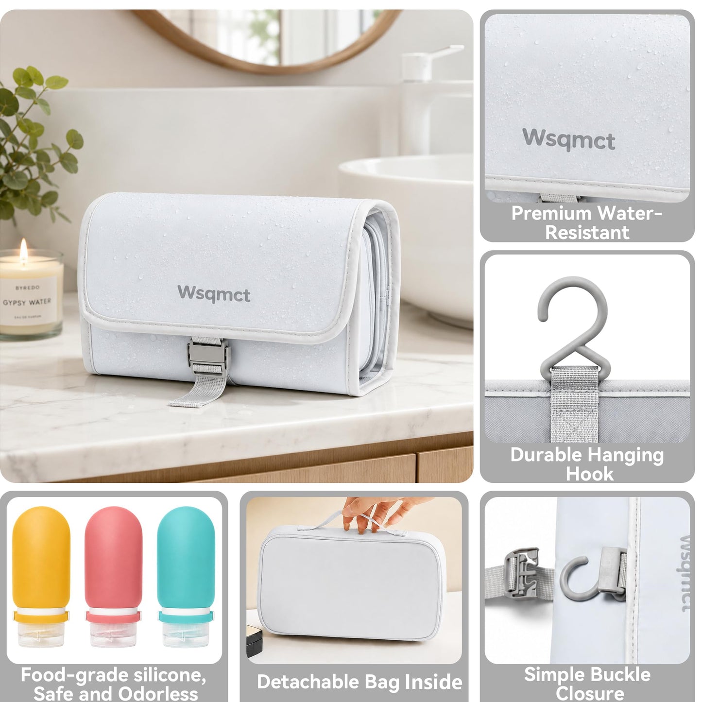 Wsqmct Hanging Travel Toiletry Bag, Waterproof Travel Bag for Toiletries Makeup Cosmetic Bag Organizer for Women Traveling Bathroom Shower, with 3 Silicone Travel Bottles, Blue