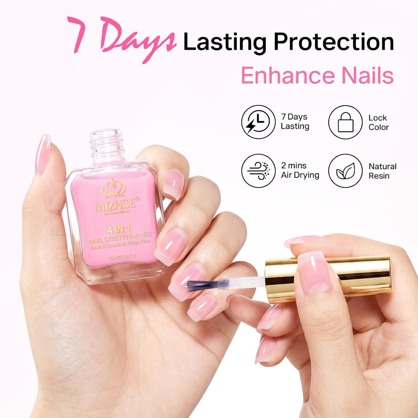 MIZHSE Nail Strengthener & Growth Hardener - Extra Strong Repair for Thin, Damaged Nails | 16ML Pink Ridge Filler