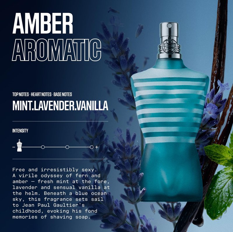 Jean Paul Gaultier Le Male Eau de Toilette - Long Lasting Amber Aromatic Cologne for Men with Fresh Mint, Lavender & Sensual Vanilla - Travel Size Men's Cologne Spray, 0.34 oz
