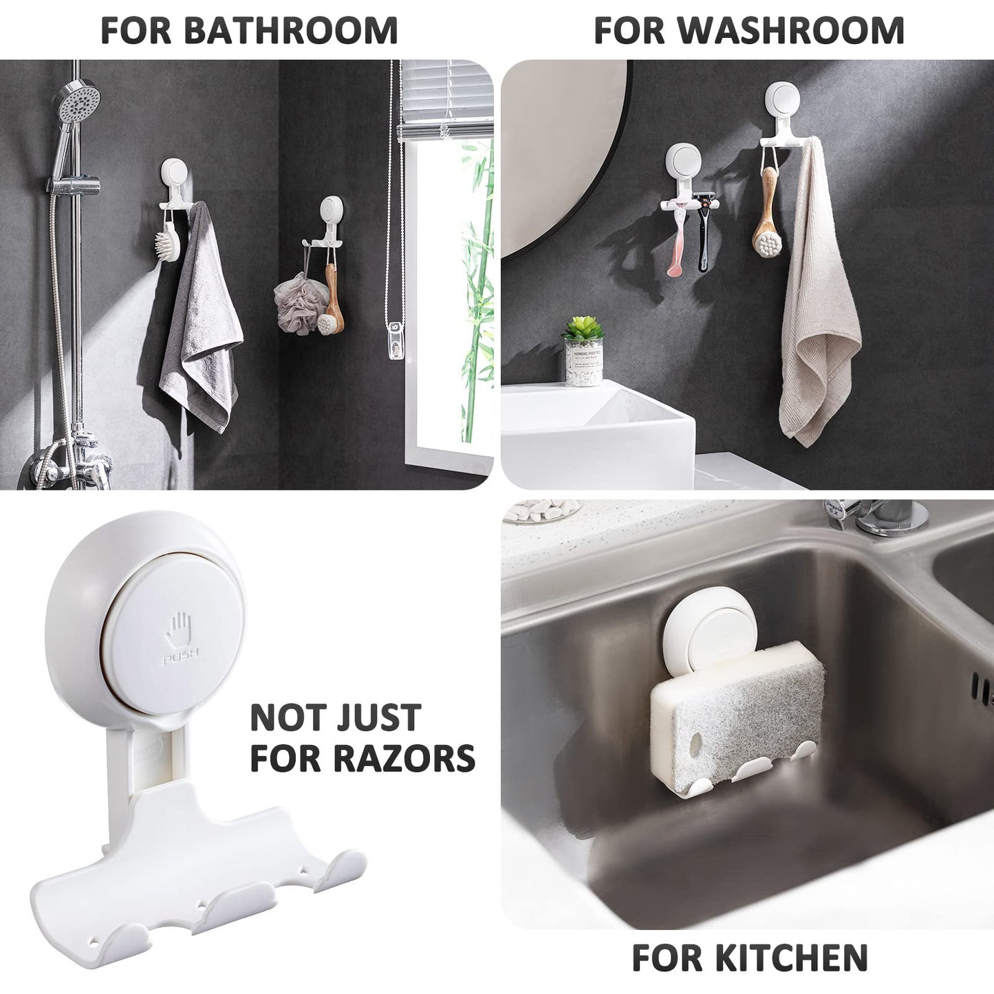 LEVERLOC Razor Holder for Shower 2 Pack, Powerful Suction Cup Shower Hooks for Towel, Loofah, Razor, Squeegee, Damage-Free Wall Hooks, Shaver Holder for Bathroom, Easy to Install and Reuse, White