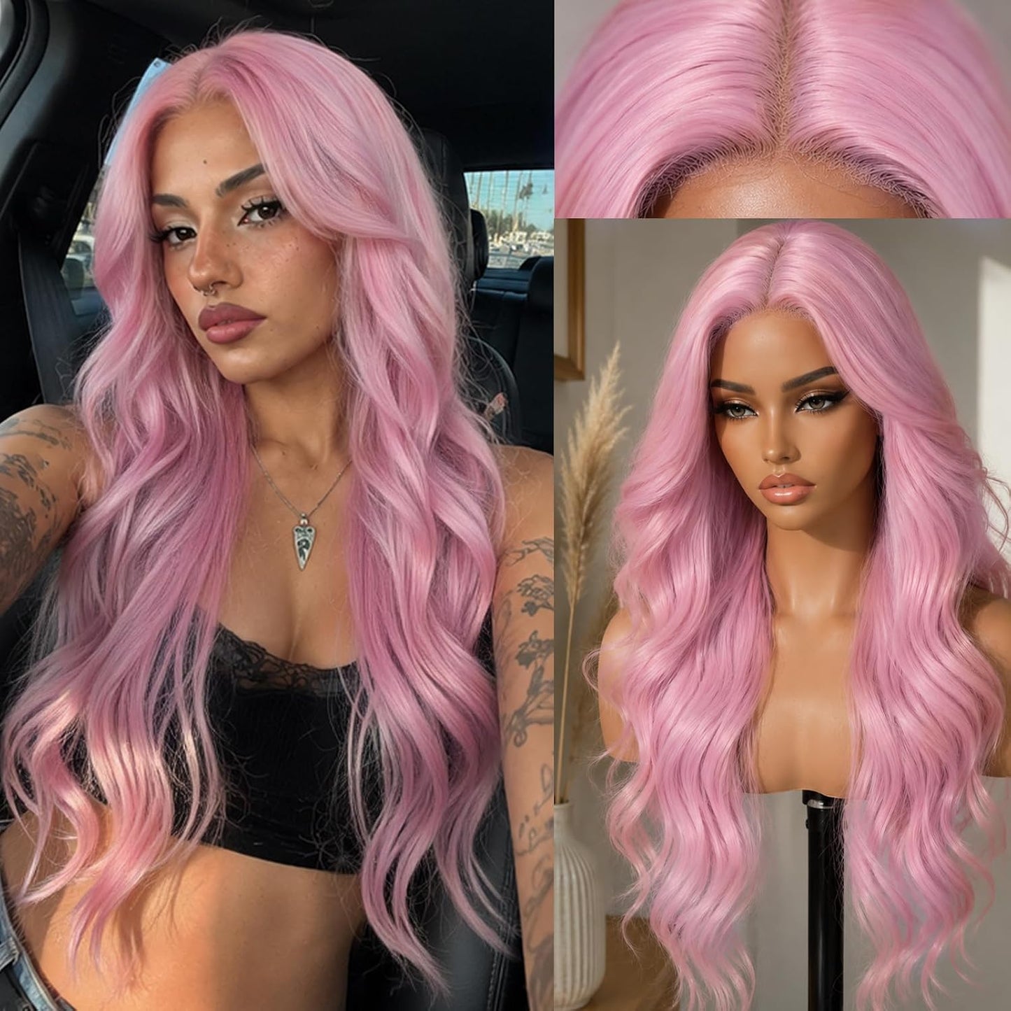 KOME Ash Brown Synthetic Lace Front Wig - T Part Glueless Long Body Wavy Style | 28 Inch with Bangs for Women