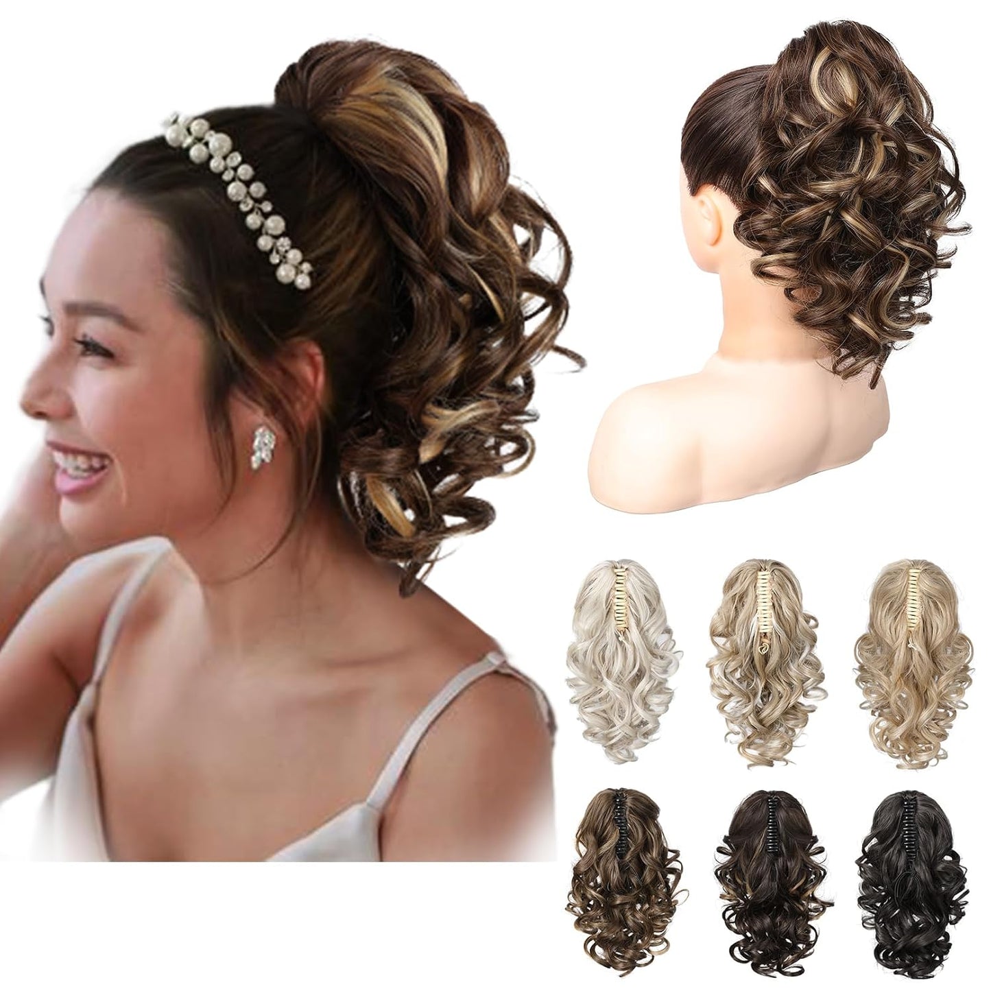 12-Inch Ponytail Extension - Classic Loose Curly Wavy Claw Clip Hairpiece for Women | Chocolate Brown with Highlights