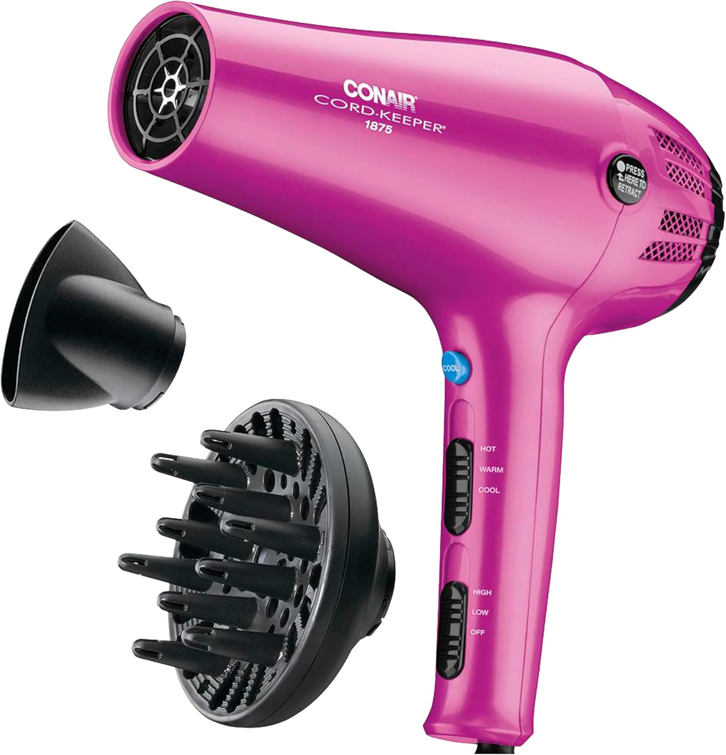 Conair Hair Dryer - 1875W Ionic Blow Dryer with Retractable Cord & Diffuser | Matte Light Pink, 3 Heat Settings