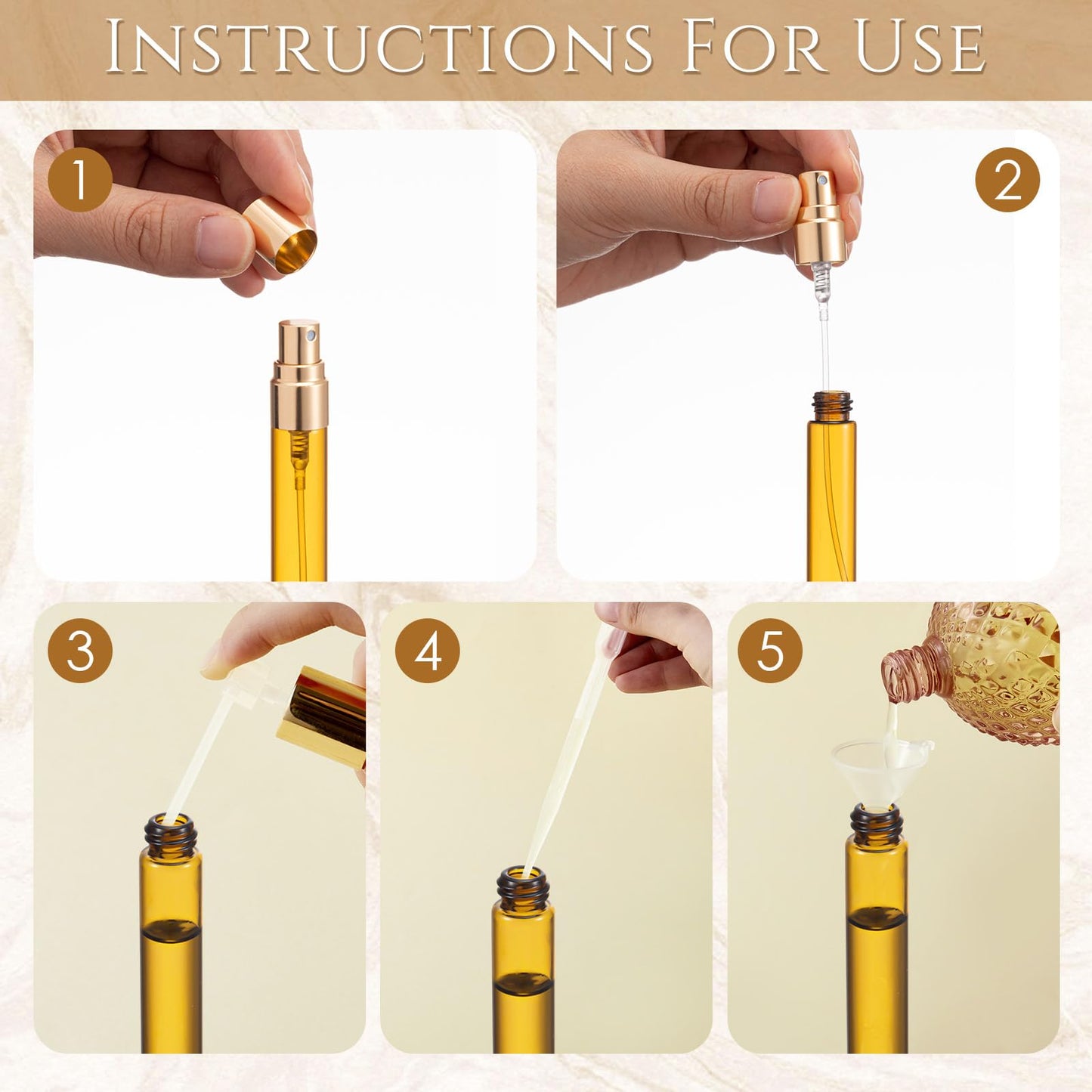 Domensi 60 Pcs 10ml Mini Perfume Bottle Fine Mist Atomizer Glass Refillable Bottles Decants Bulk for Perfumes Travel Glass Container with Atomizer Pump Kit for Fragrance(Amber, Gold, 10ml)