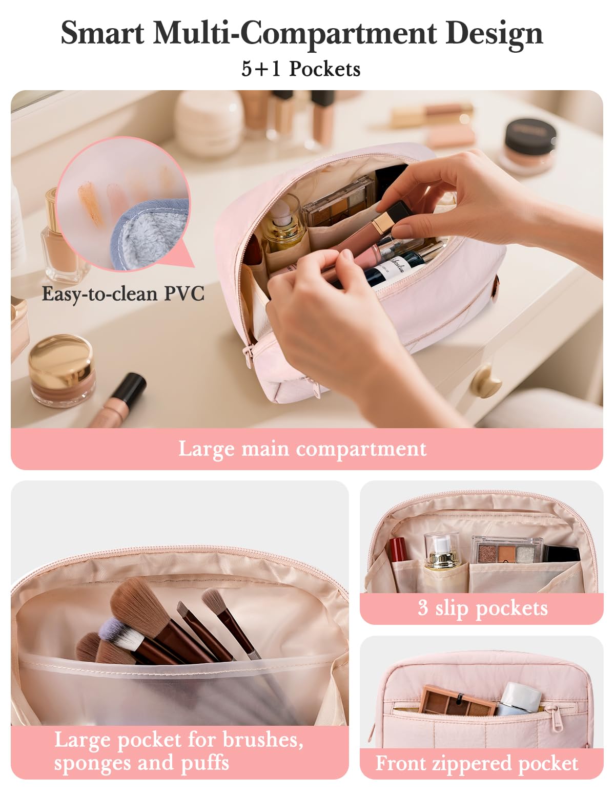 Noozion Makeup Bag Travel Toiletry Bag, Puffy Padded Cosmetic Bag for Women, Makeup Organizer Case, Wide-open Pouch Purse, Travel Essentials