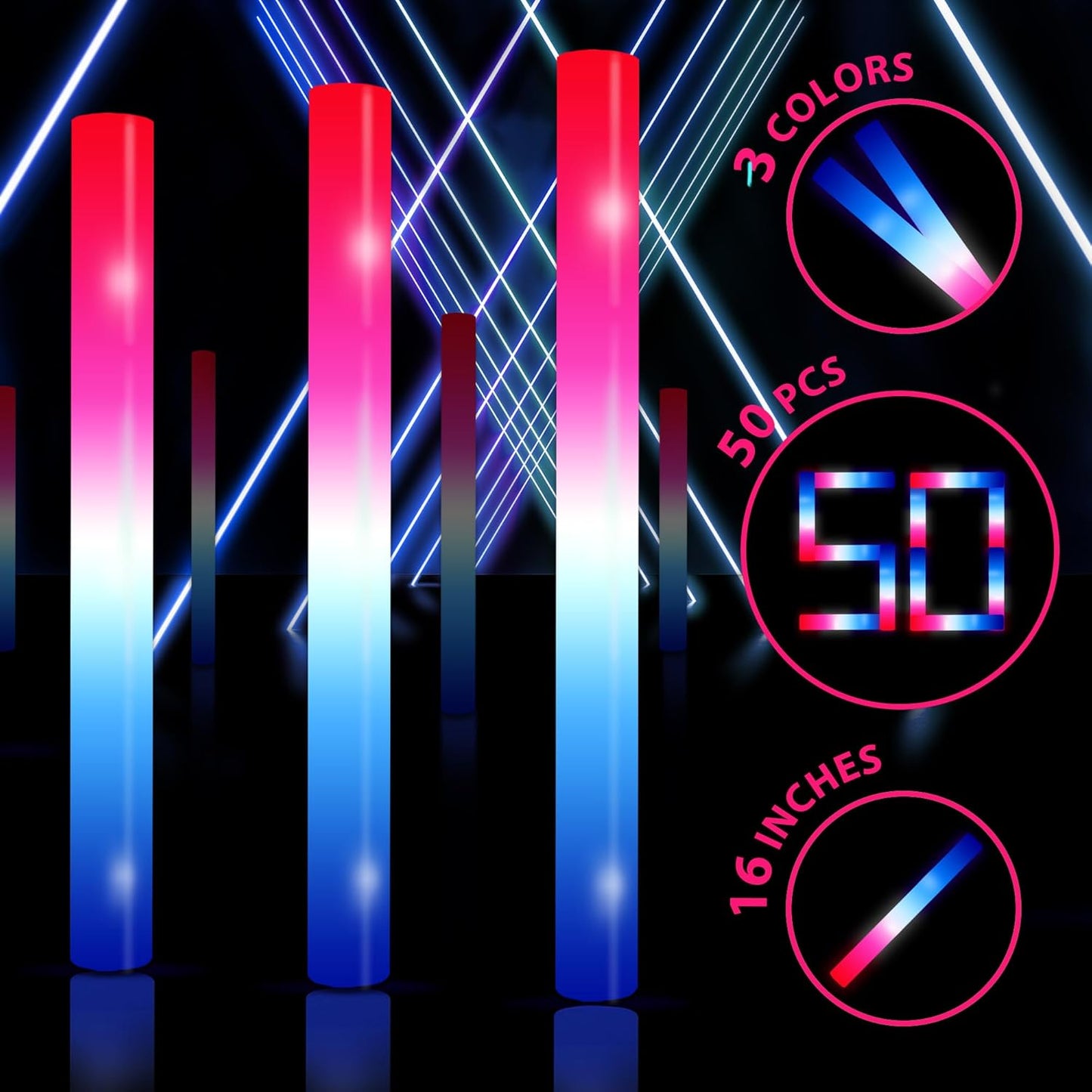 Glow Sticks - 50-Pack Foam Glow Sticks in Red, White & Blue | Perfect for Patriotic Events, Parties & Weddings