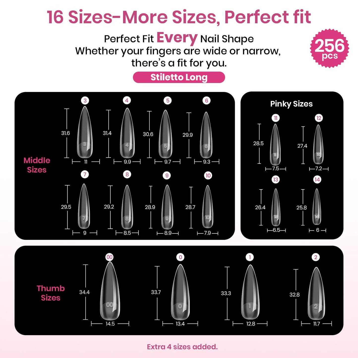 Beetles Tipex Lite Instant Apex Nail Tips, Long Stiletto, No Builder Gel Needed, 256pcs Value Pack, 16 Sizes 00-14 for DIY Salon-look Extensions