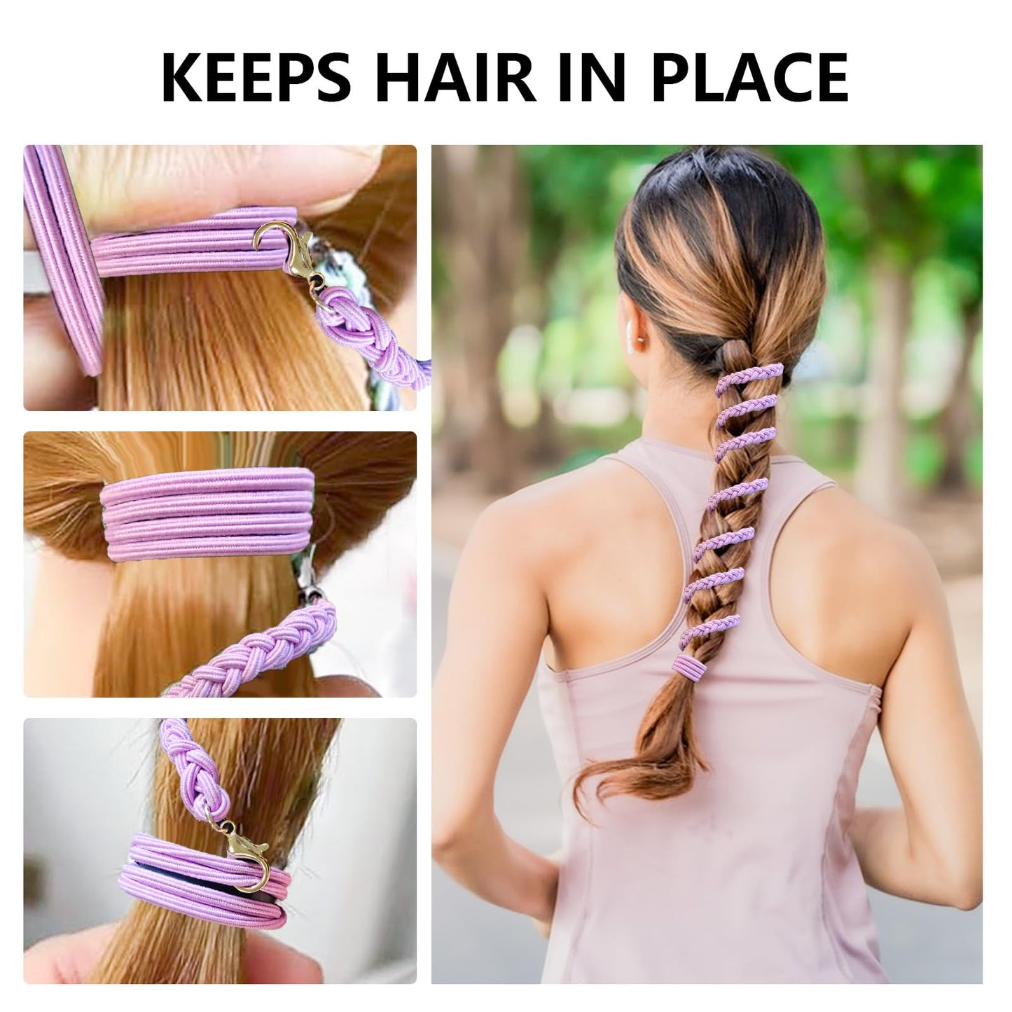 3 Pcs 16" Spiral Braided Hair Ties for Sports,No Damage, Non-Slip Elastic Ponytail Holders for Women Girls,Hair Bands for Gym, Yoga,Beach Activities(Green,Purple,White and Gray) (07csst, 41)