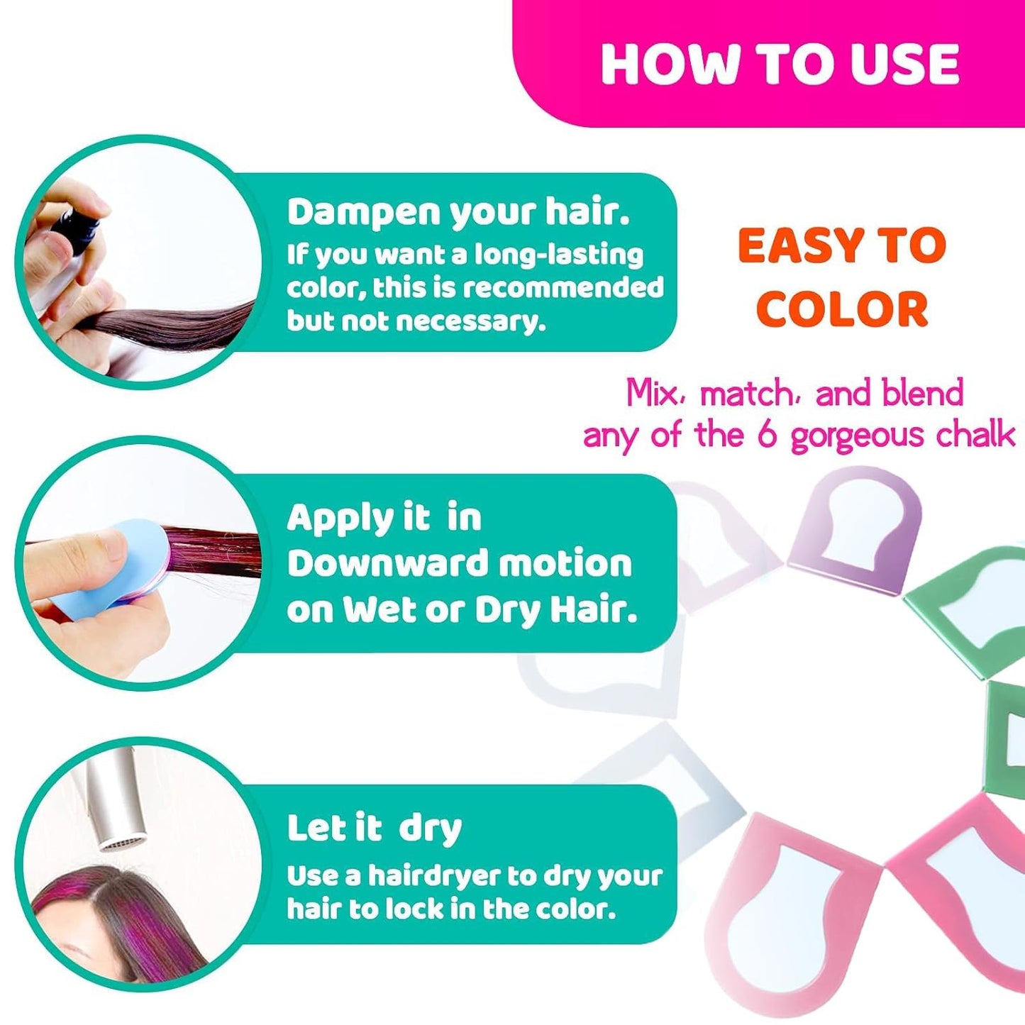 Vibrant Hair Chalk for Kids - Washable Temporary Color Set | 8 Non-Toxic Shades for Dark Hair