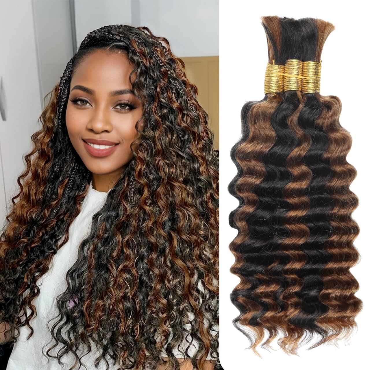 Human Braiding Hair - Ombre Deep Water Wave | 150g 16 Inch Curly Braiding Bundles, 1B/30 Highlights