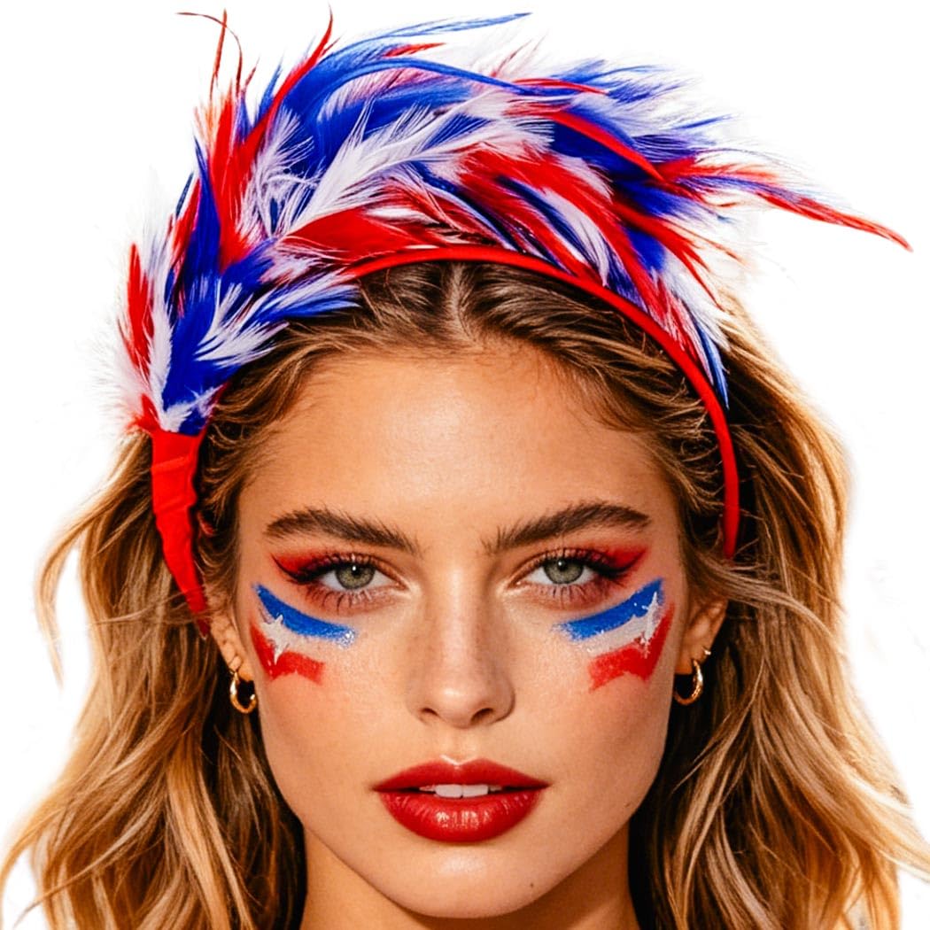 Zoestar Feather Fascinator Headband 4th of July Headpiece Patriotic Independence Day Party Festival Hair Accessories for Women (Blue White Red)