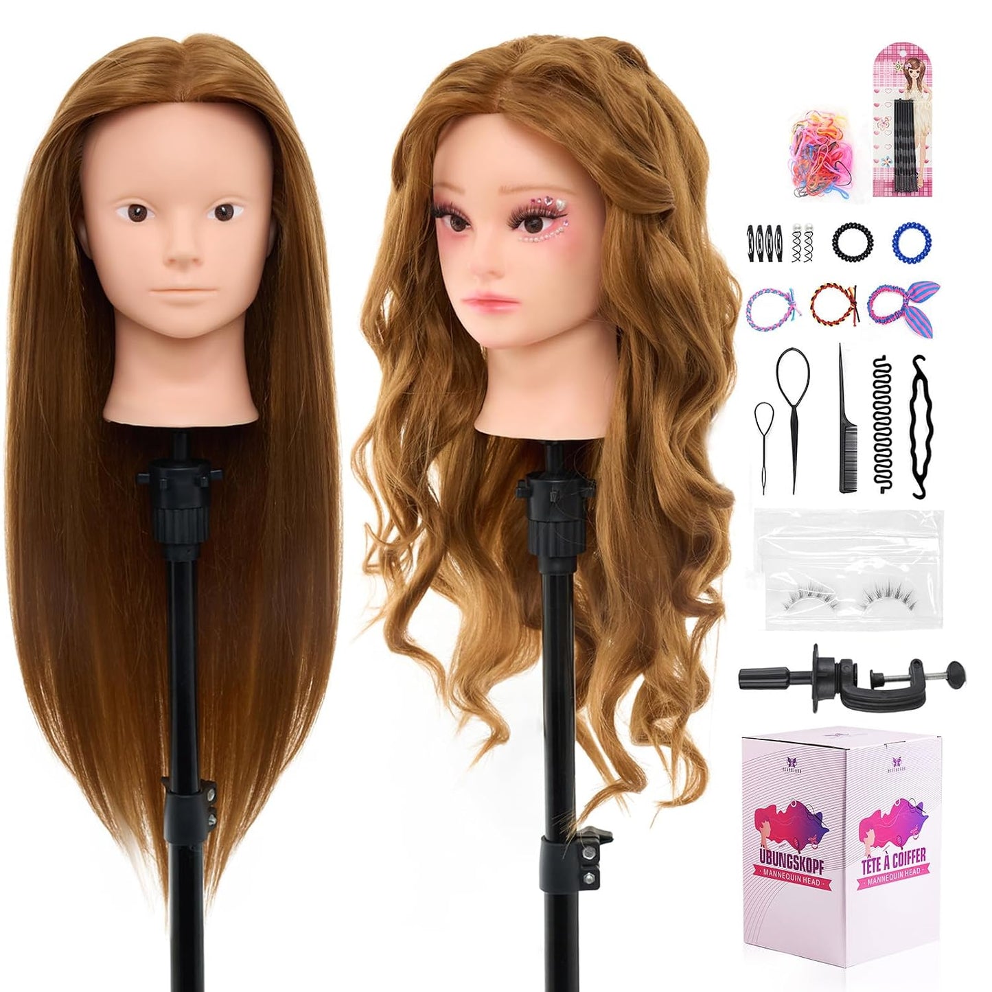 Real Hair Mannequin Head - 18" Human Hair Cosmetology Training Doll for Styling, Dying & Braiding | Black