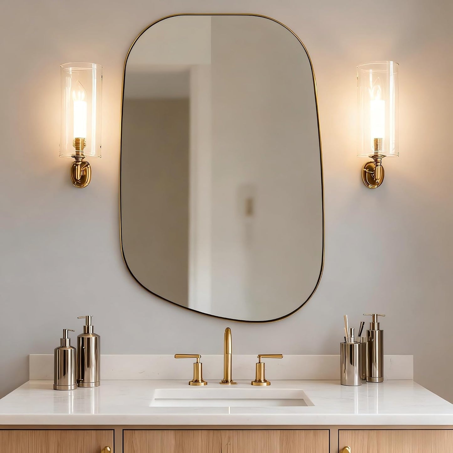 Chrome Asymmetrical Wall Mirror - Unique 24"x32" Irregular Design with SUS304 Stainless Steel Frame for Bathroom, Bedroom, Entryway