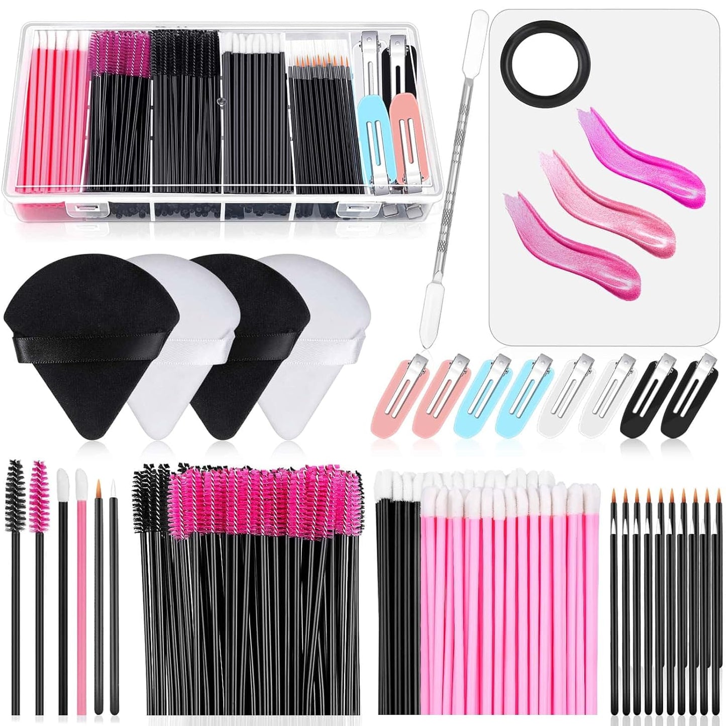 Disposable Makeup Applicators Kit - Triangle Puff, Mascara Wands, Lip Brushes & Hair Clips | Complete Artist Supplies Set