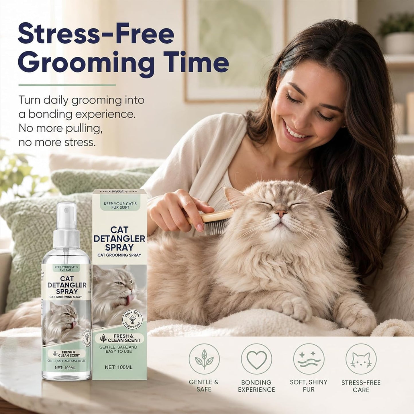 Cat Detangler Spray | Gentle Leave-in Grooming Spray with Aloe Vera & Coconut Oil - Loosens Knots, Reduces Static - 100ml