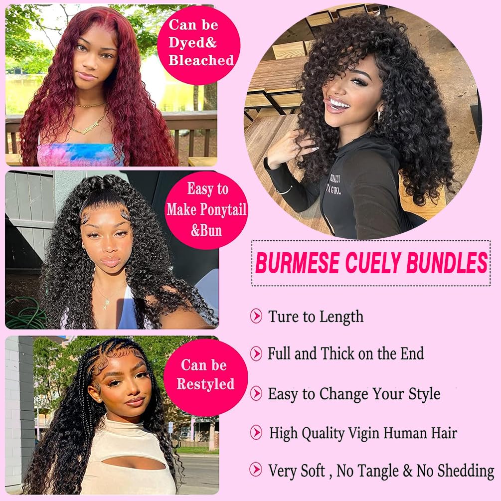 3C4A Burmese Curly Human Hair 4 Bundles (18 20 22 24 Inch) 12A Unprocessed Burmese Virgin Water Wave Hair Bundles Spiral Curly End Human Hair Weft Extensions for Black Women Natural Black