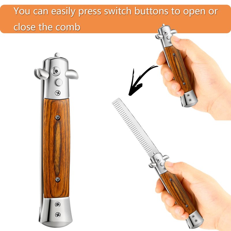 Chengu 2 Pieces Wood Grain Switchblade Blade Pocket Hair Brush Comb Automatic Push Button Brush and Folding Butterfly Stainless Steel Training Practice Comb Outdoor(Black)