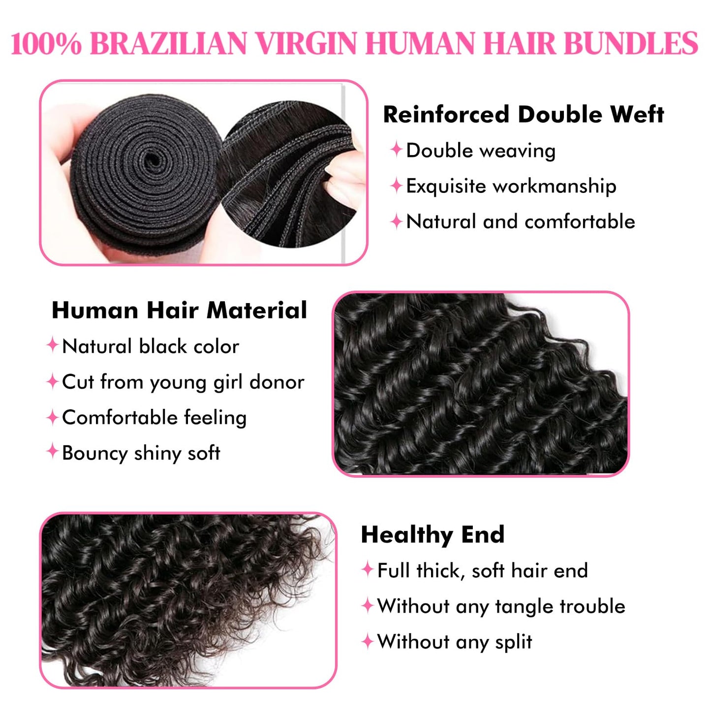 Human Hair Bundles Deep Wave 14 16 18 20 Inch Curly Bundle Human Hair 100% Unprocessed Brazilian Virgin Hair 4 Bundles for Women Wet and Wavy Hair Bundle Weave Extensions Natural Black