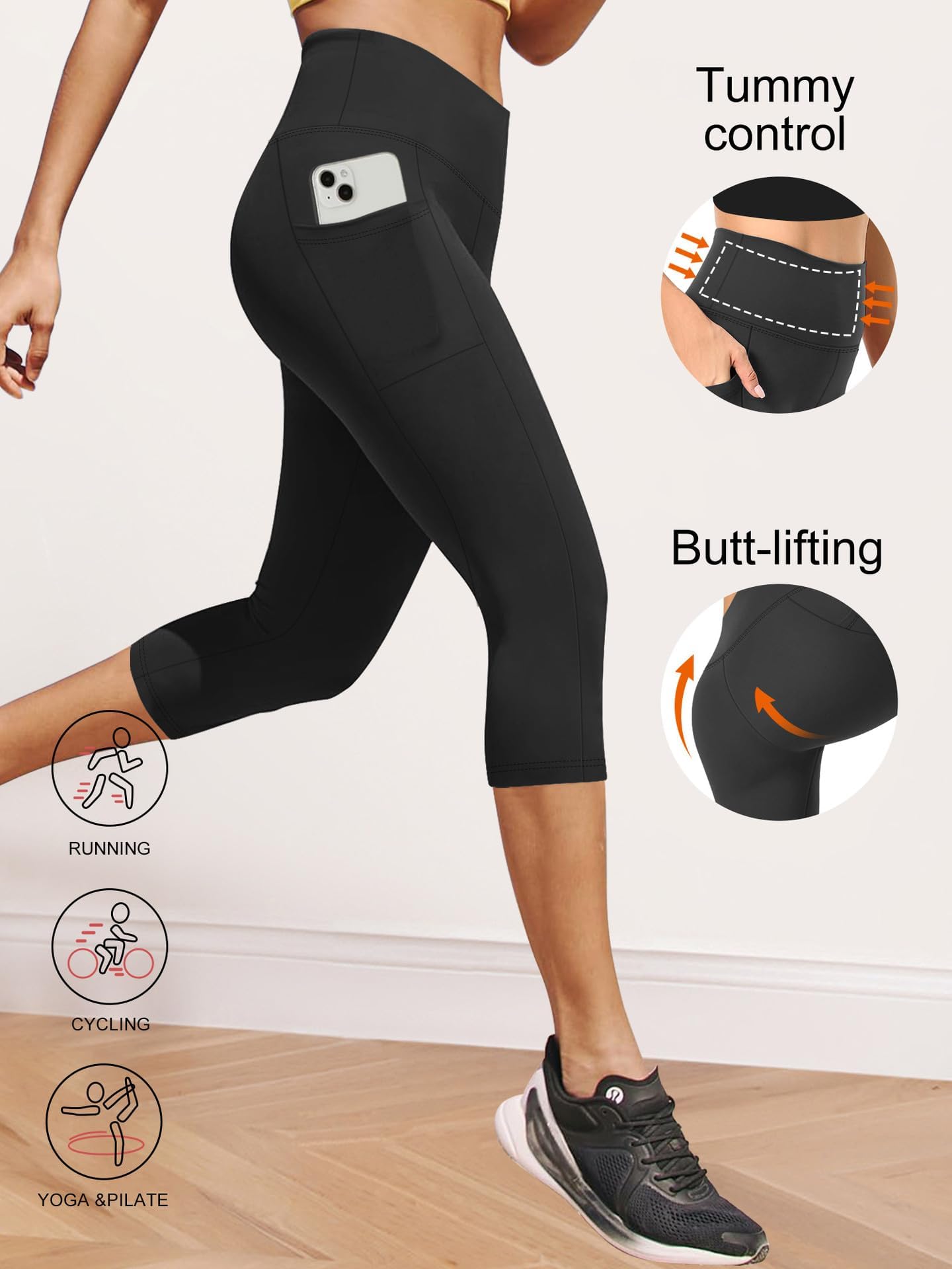 High Waist Yoga Pants Capri Leggings with Pockets, Tummy Control Workout Running Yoga Leggings for Women Black
