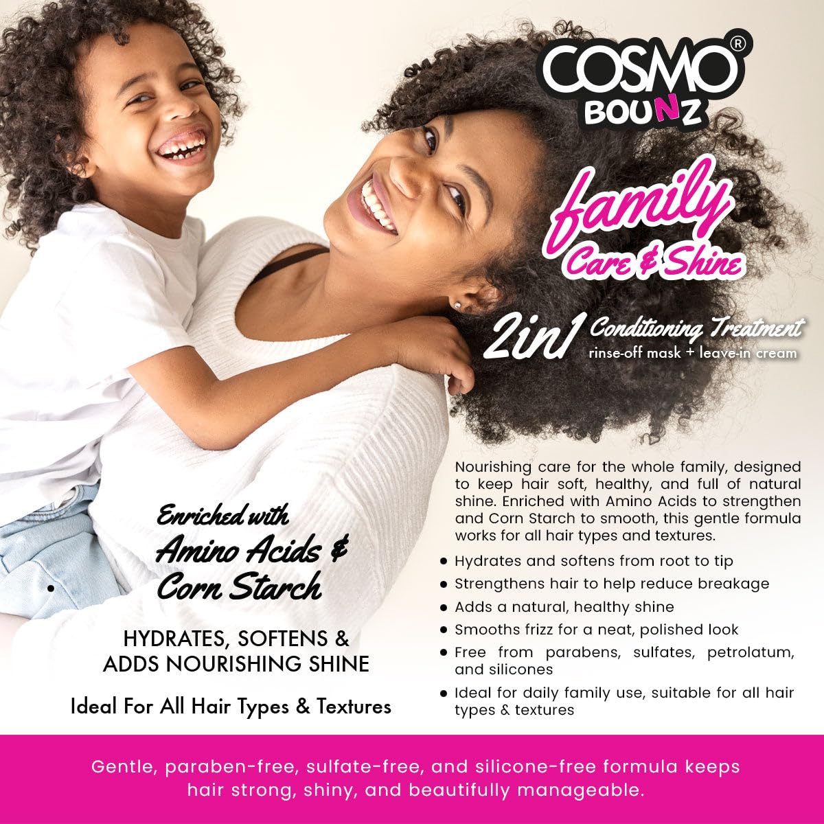 Cosmo Bounz Hair Care Family Care & Shine 2 In 1 Conditioning Treatment 1000ml White, Gentle Nourishing Hair Treatment Cream, Softening, Detangling, Shine Enhancing Daily Use, For All Hair Types