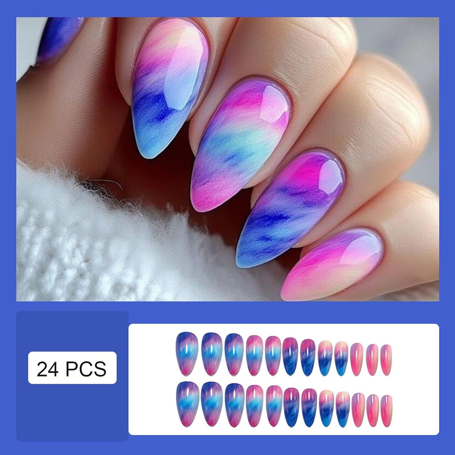 Colorful Gradient Press-On Nails - Medium Almond Summer Sunset | Reusable Glossy Full Cover 24 Pcs with Adhesive Stickers