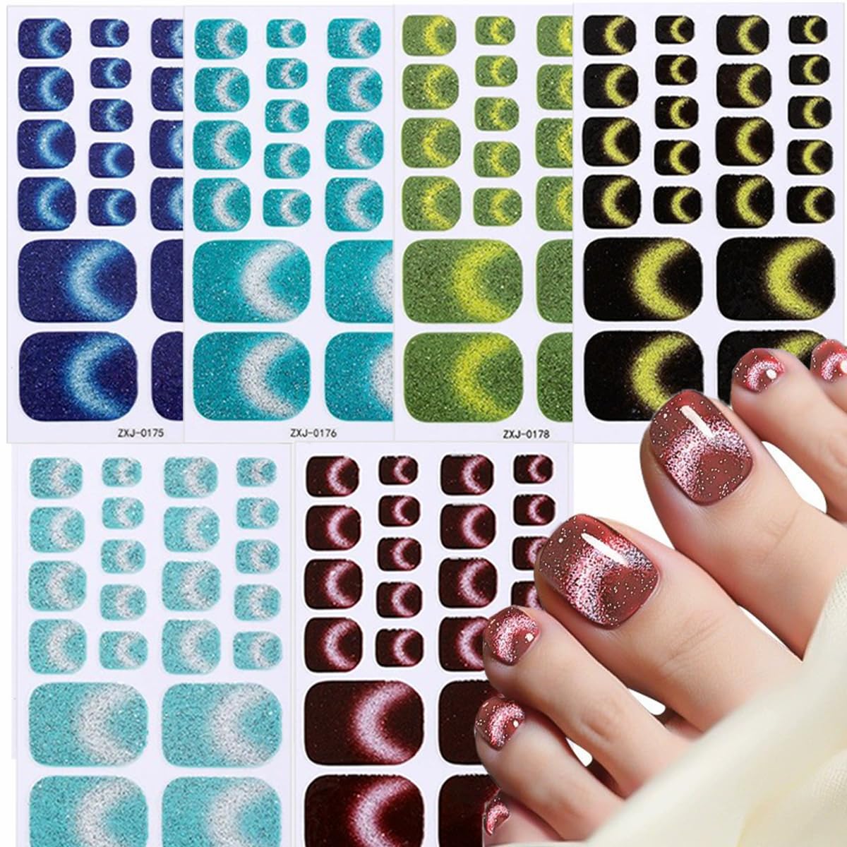 Toe Full Nail Wraps Gel Nail Stickers Solid Gradient Glitter Nail Full Wrap Full Cover Nail Polish Strips 6PCS Smile French Line Self-Adhesive Toe Nail Decals for Women Manicure Nail Art Decorations