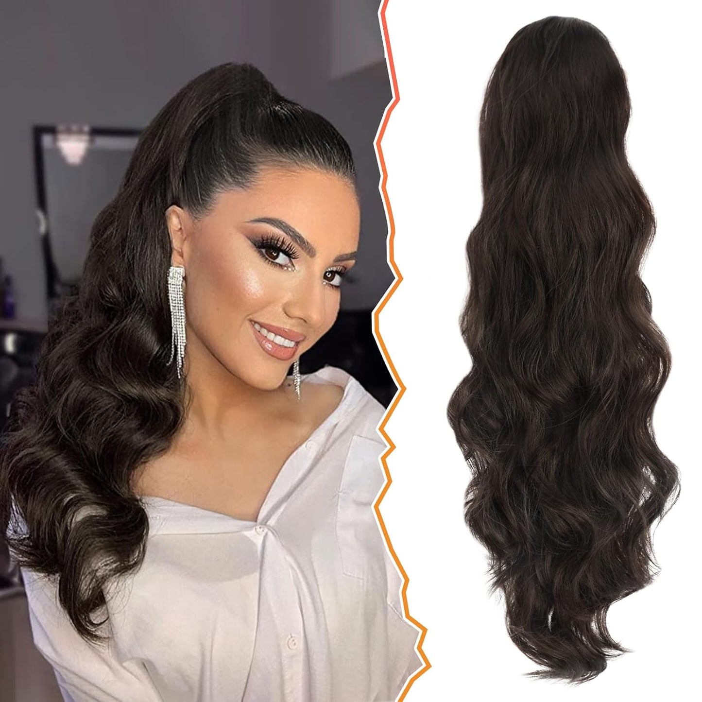 Highlight Ponytail Extension - 20 Inch Curly Wavy Drawstring Hairpiece for Women | Ash Brown & Blonde