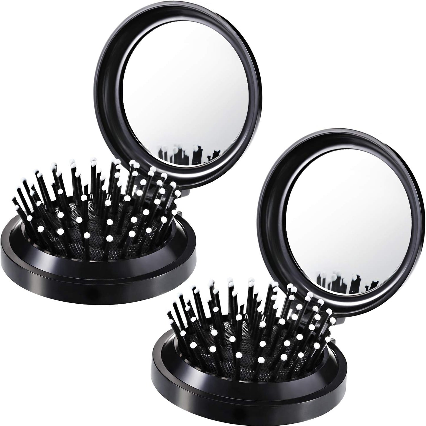 Boao 2 Pack Foldable Travel Mirror Hair Brushes Round Portable Folding Pocket Hair Brush Mini Comb Compact Travel Size Massage Comb for Men Women(Black,Round)